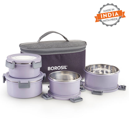 Borosil Glory Lavender Lunchbox, Set of 4