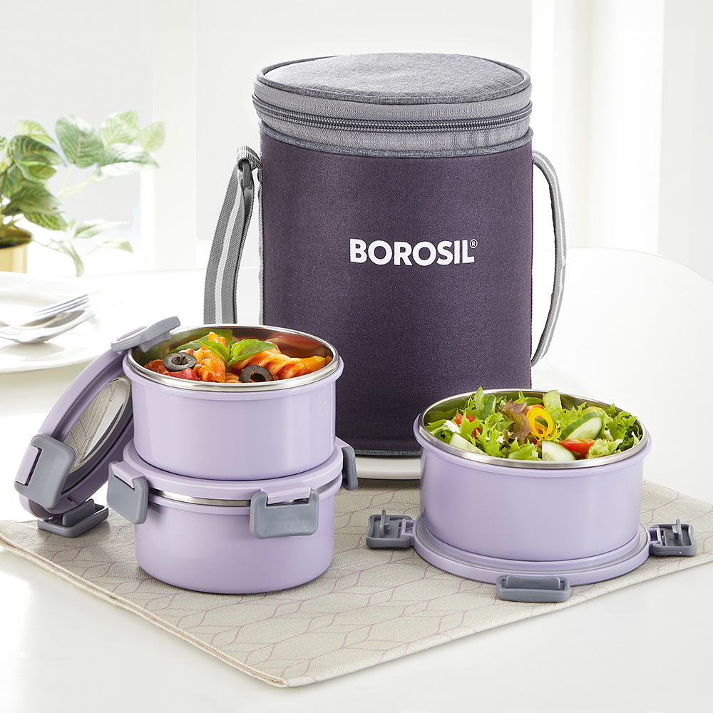 Borosil Glory Lavender Lunchbox, Set of 3, Tall