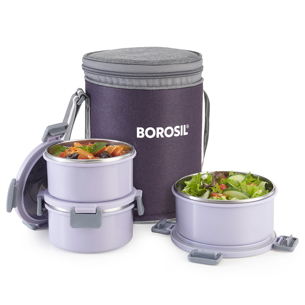 Borosil Glory Lavender Lunchbox, Set of 3, Tall