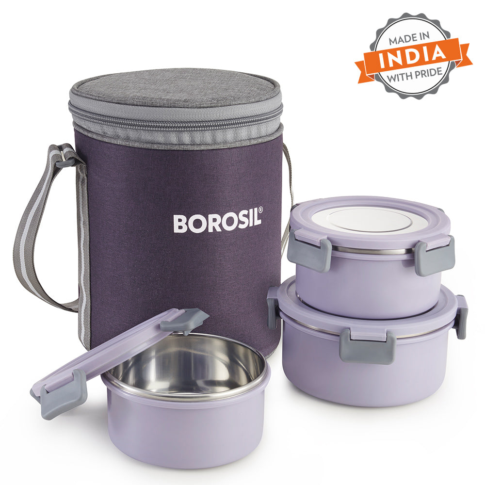 Borosil Glory Lavender Lunchbox, Set of 3, Tall