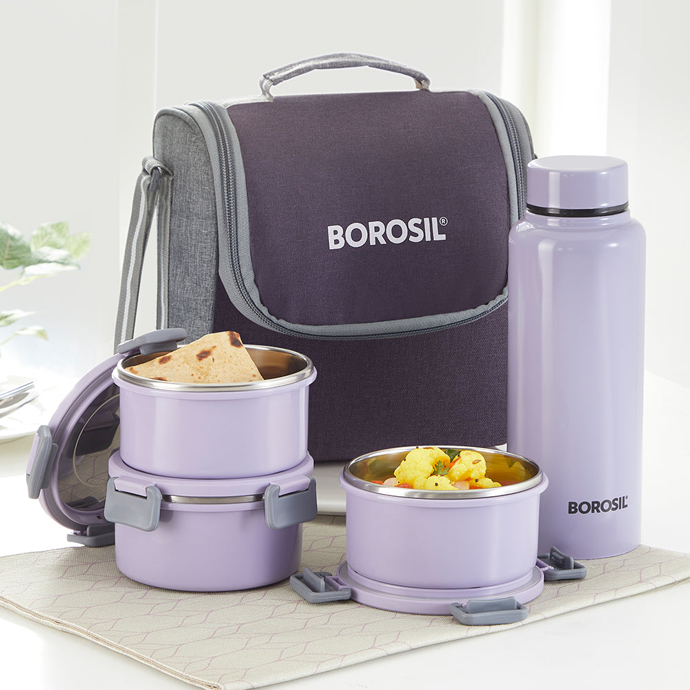 Borosil Glory Lavender Lunchbox w SS Bottle