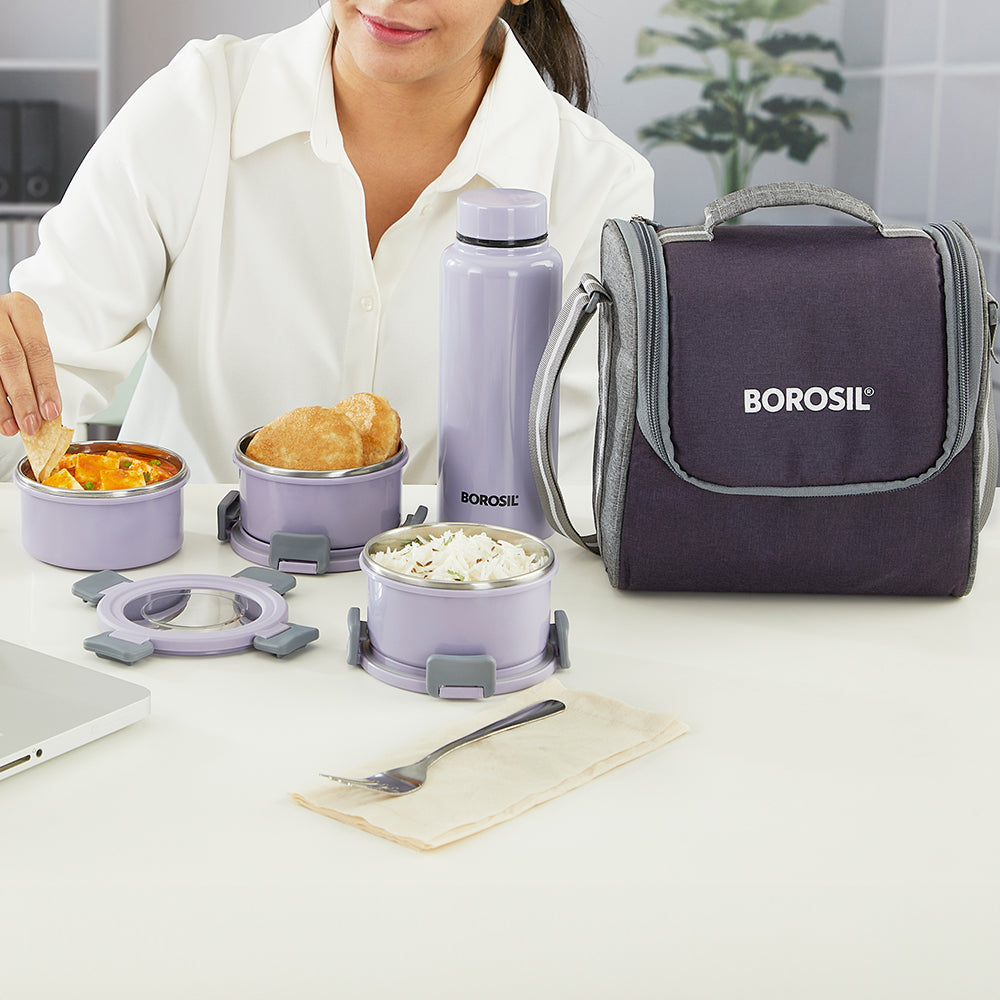 Borosil Glory Lavender Lunchbox w SS Bottle