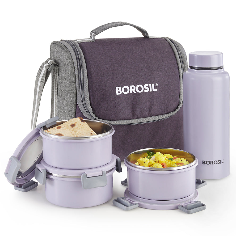 Borosil Glory Lavender Lunchbox w SS Bottle