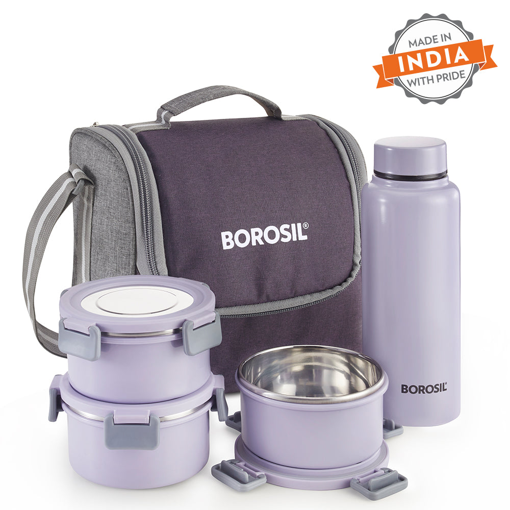 Borosil Glory Lavender Lunchbox w SS Bottle