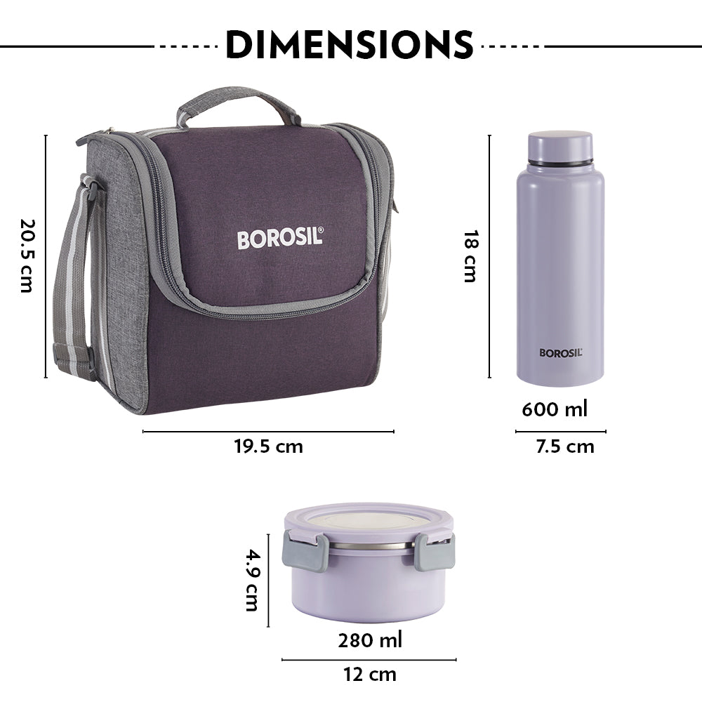 Borosil Glory Lavender Lunchbox w SS Bottle