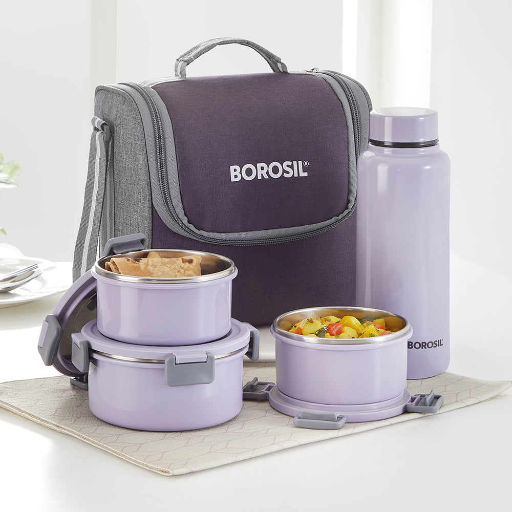 Borosil Glory Lavender Lunchbox w SS Bottle