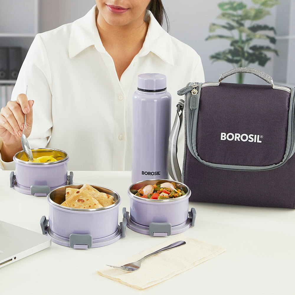 Borosil Glory Lavender Lunchbox w SS Bottle