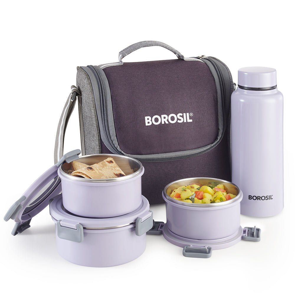 Borosil Glory Lavender Lunchbox w SS Bottle