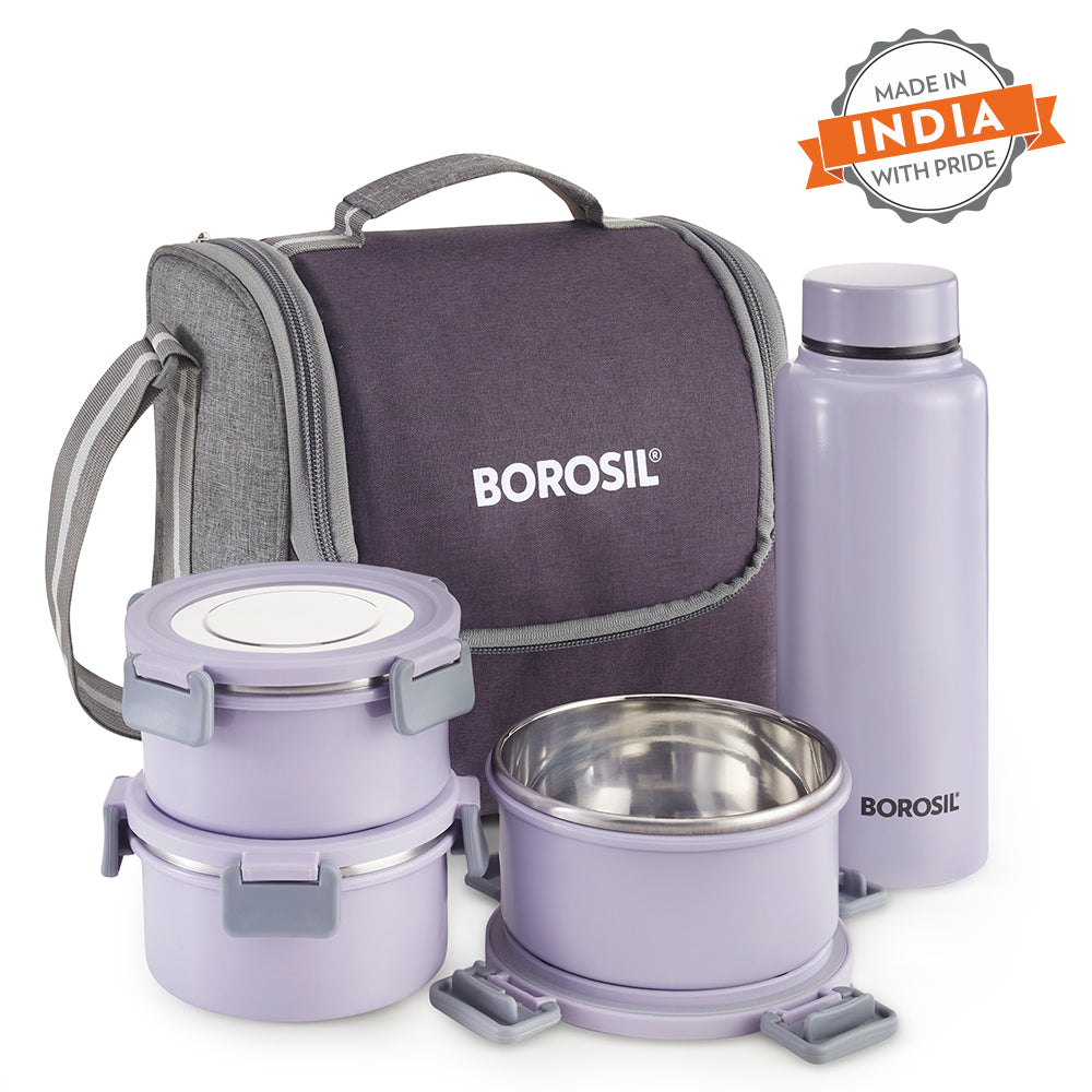 Borosil Glory Lavender Lunchbox w SS Bottle