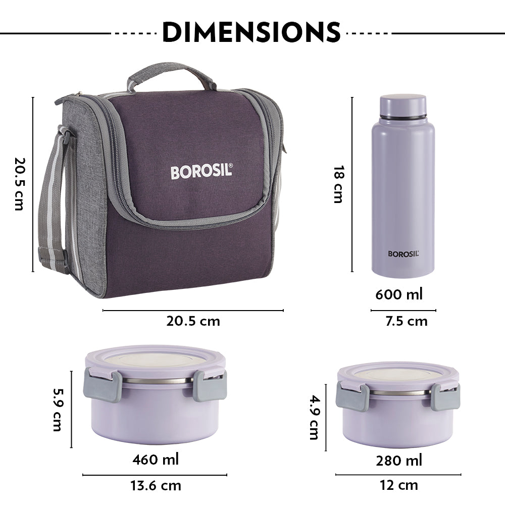 Borosil Glory Lavender Lunchbox w SS Bottle