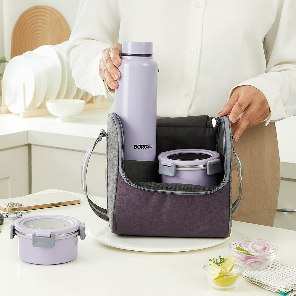 Borosil Glory Lavender Lunchbox w SS Bottle