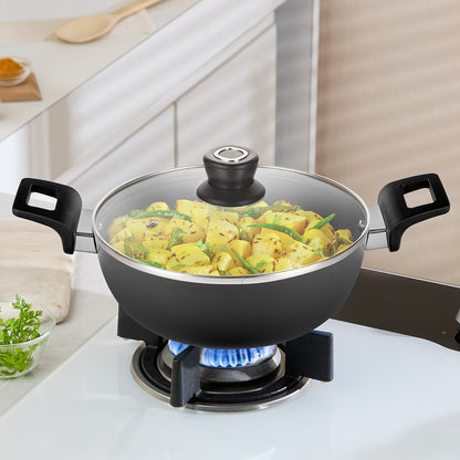 Hard Anodized Induction Base Deep Kadhai W Glass Lid, 22 cm / 2L
