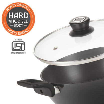 Hard Anodized Induction Base Deep Kadhai W Glass Lid, 22 cm / 2L