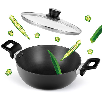 Hard Anodized Induction Base Deep Kadhai W Glass Lid, 22 cm / 2L
