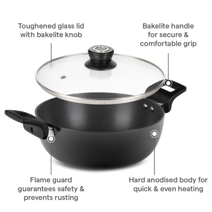 Hard Anodized Induction Base Deep Kadhai W Glass Lid, 22 cm / 2L