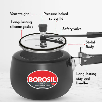 Borosil Pronto Hard Anodised Pressure Cooker, 3L