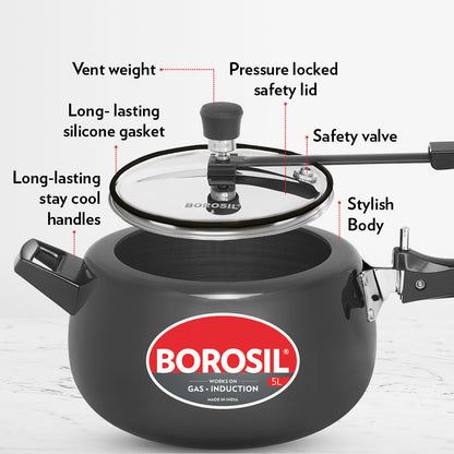 Borosil Pronto Hard Anodised Pressure Cooker, 5L