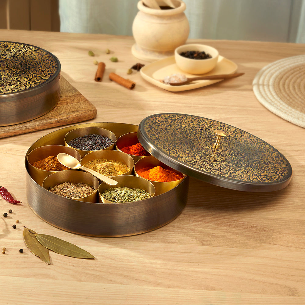 Brass Spice Box with Antique Etching Finish