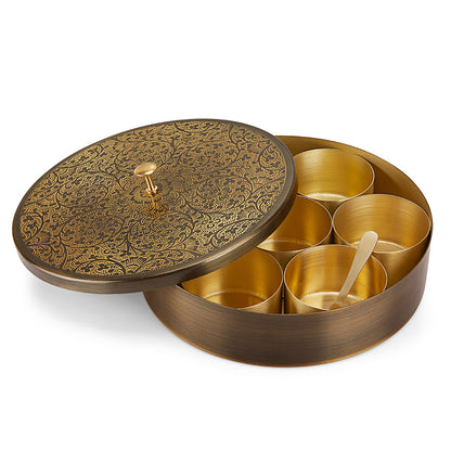 Brass Spice Box with Antique Etching Finish