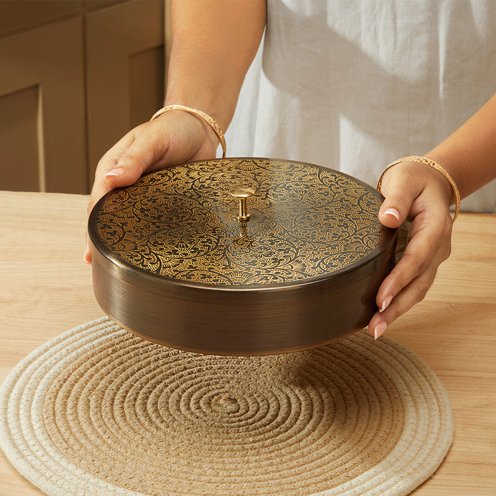 Brass Spice Box with Antique Etching Finish