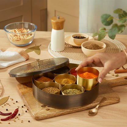 Brass Spice Box with Antique Etching Finish