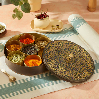 Brass Spice Box with Antique Etching Finish