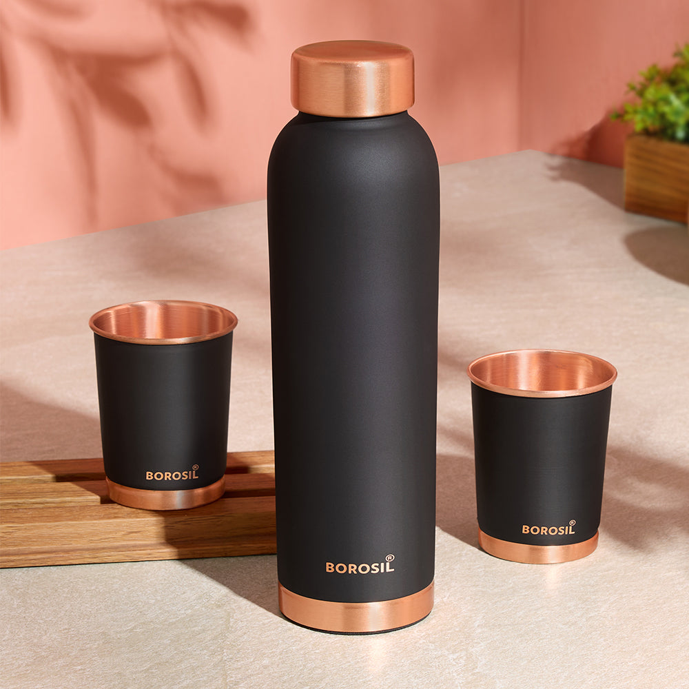 Borosil ECO Colour Copper Bottle & Glass Set, Black