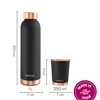 Borosil ECO Colour Copper Bottle & Glass Set, Black