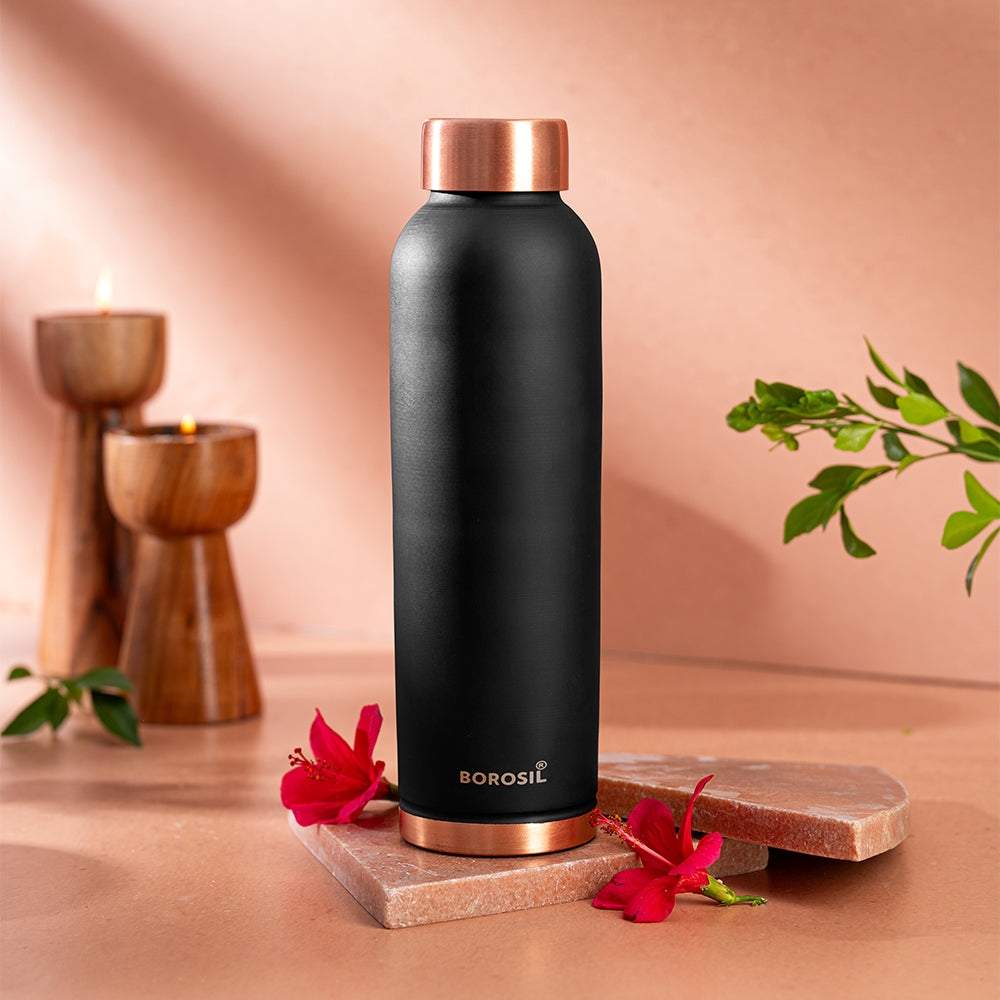 Borosil ECO Colour Copper Bottle & Glass Set, Black