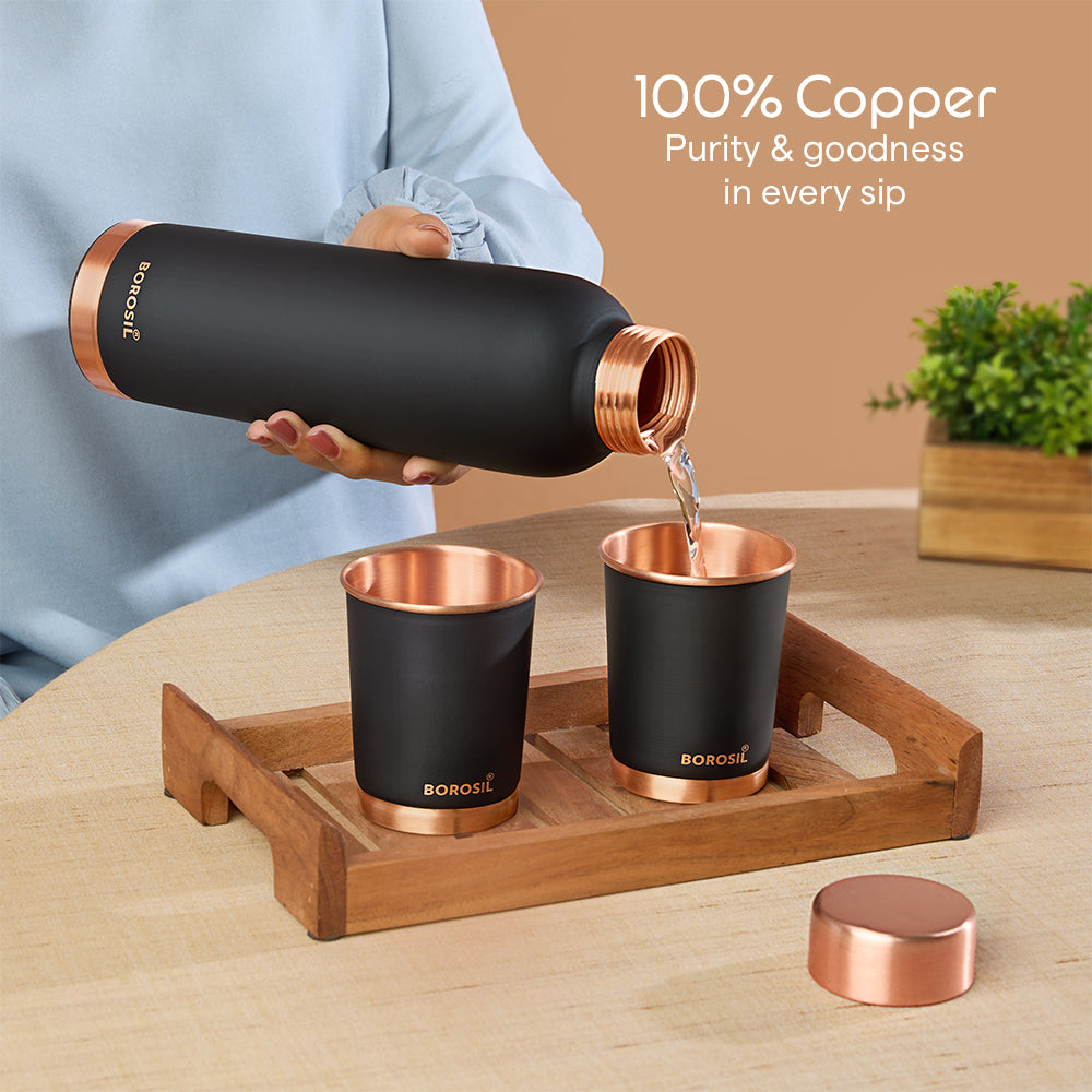 Borosil ECO Colour Copper Bottle & Glass Set, Black