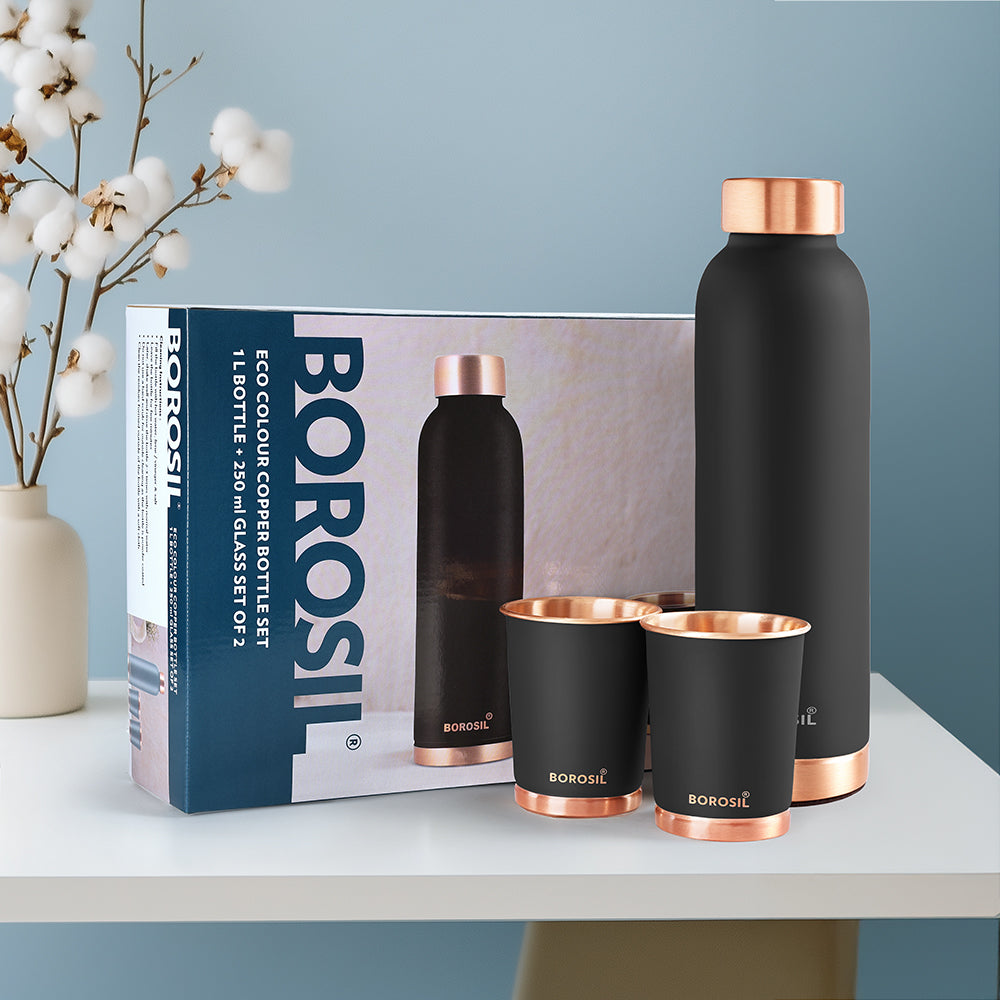 Borosil Eco Colour Copper Bottle w Copper Glass Set of 2, Black at