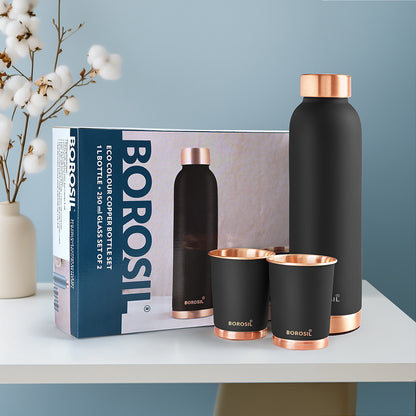 Borosil ECO Colour Copper Bottle & Glass Set, Black