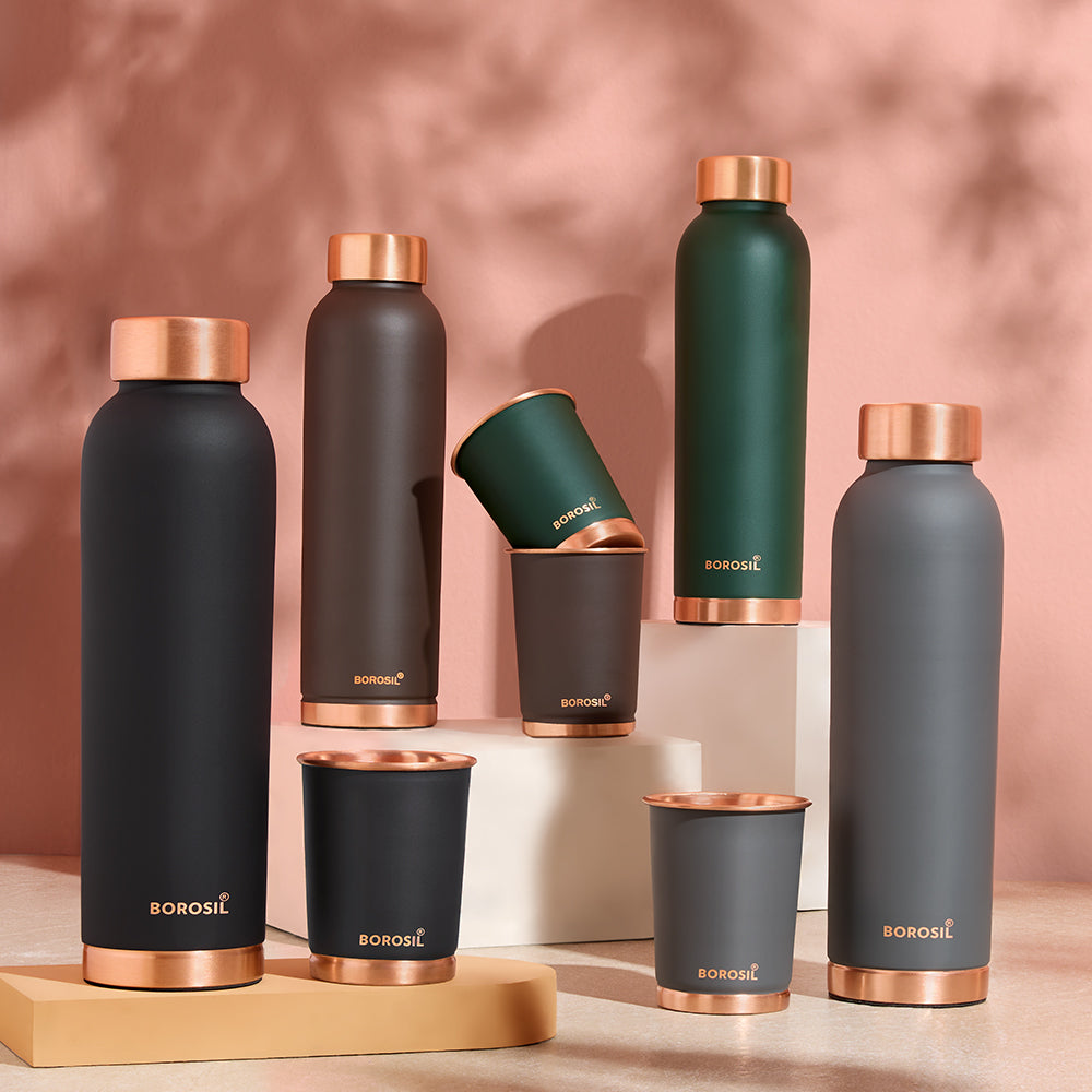 Borosil ECO Colour Copper Bottle & Glass Set, Black