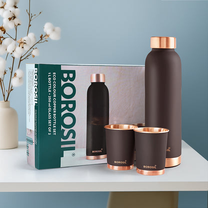 Borosil ECO Colour Copper Bottle & Glass Set, Brown