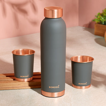 Borosil ECO Colour Copper Bottle & Glass Set, Gray