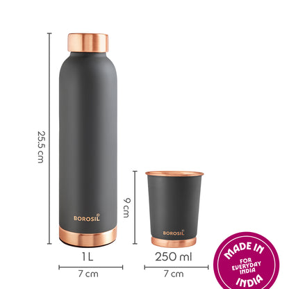 Borosil ECO Colour Copper Bottle & Glass Set, Gray