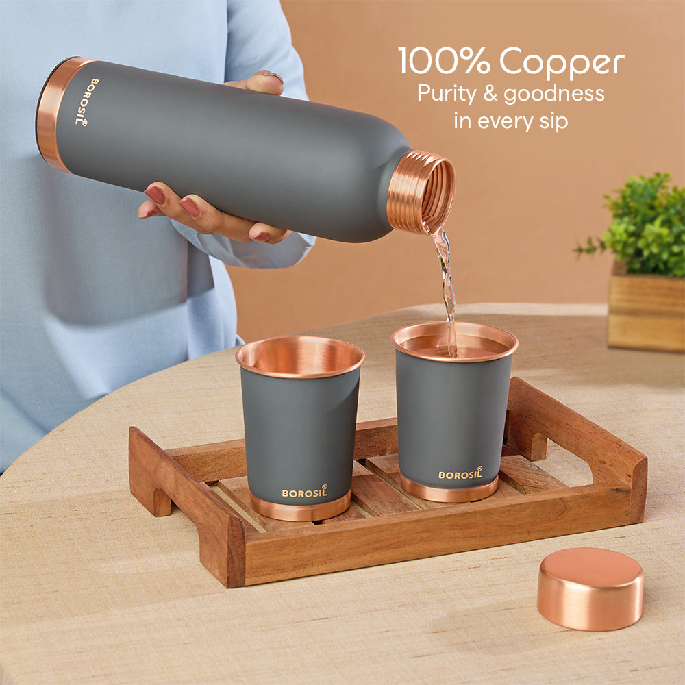 Borosil ECO Colour Copper Bottle & Glass Set, Gray