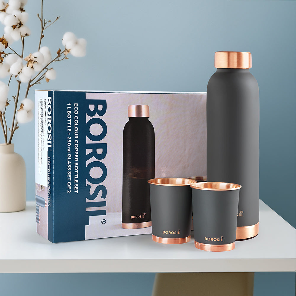 Borosil ECO Colour Copper Bottle & Glass Set, Gray
