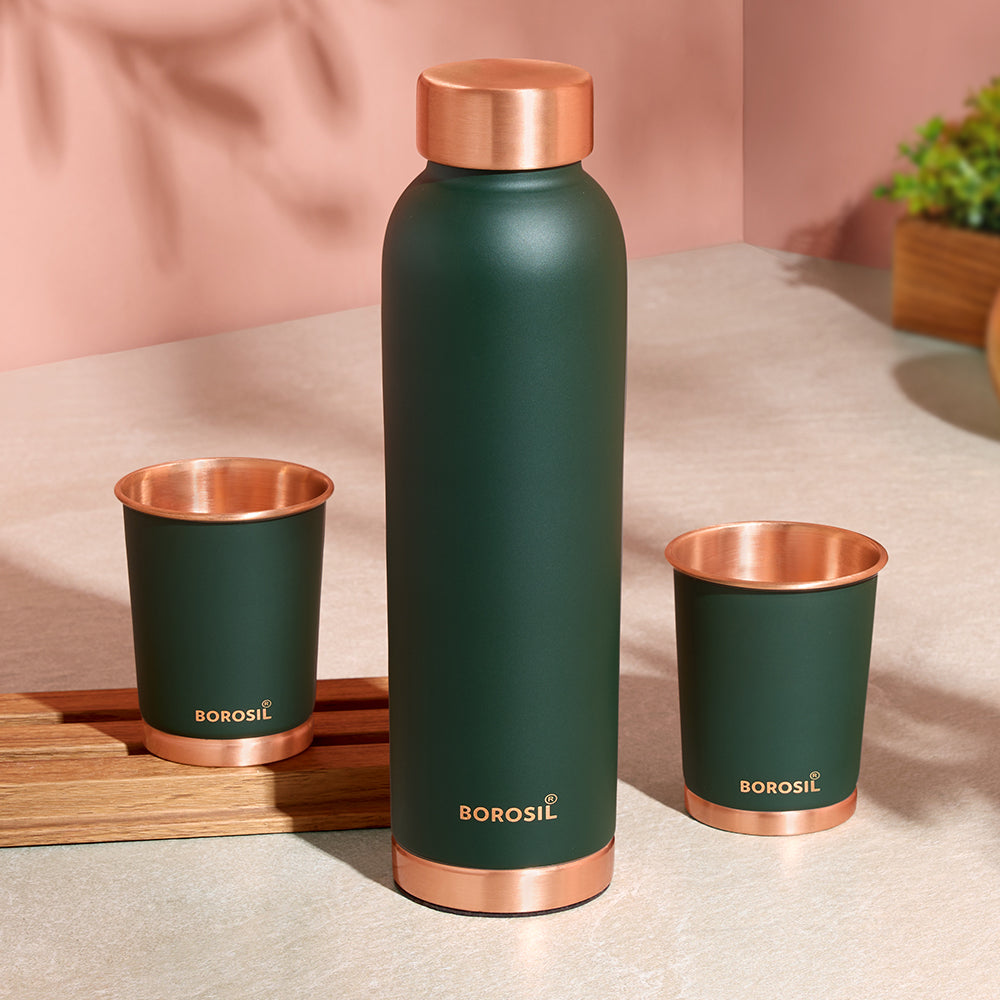 Borosil ECO Colour Copper Bottle & Glass Set, Green