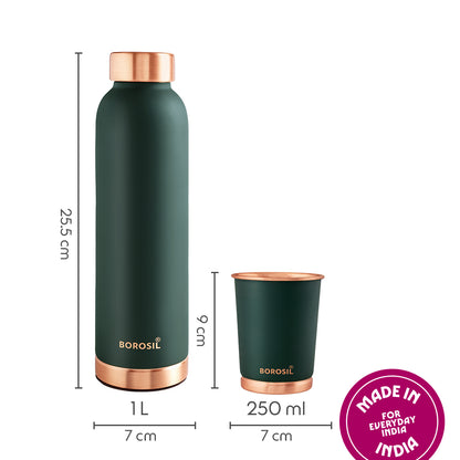 Borosil ECO Colour Copper Bottle & Glass Set, Green