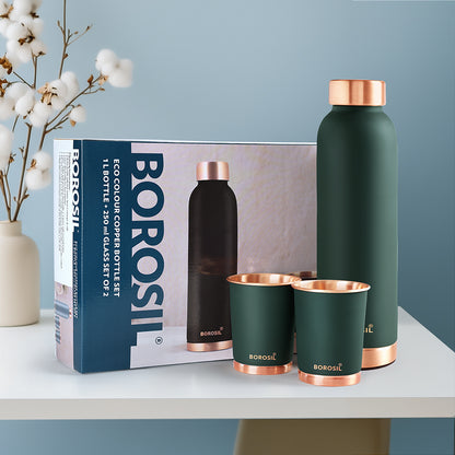 Borosil ECO Colour Copper Bottle & Glass Set, Green