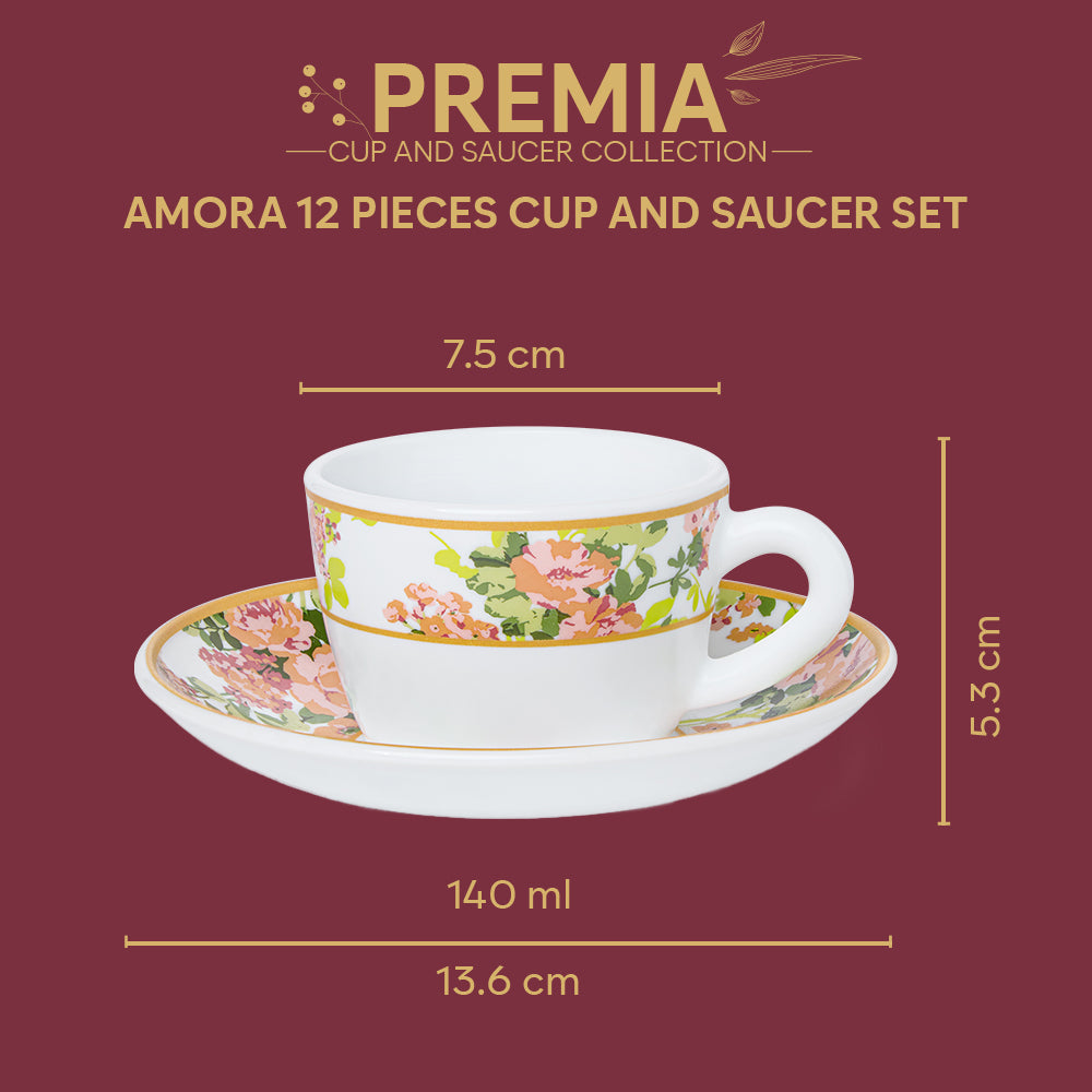 Larah By Borosil Amora Cup n Saucer Set 140 ml x 12