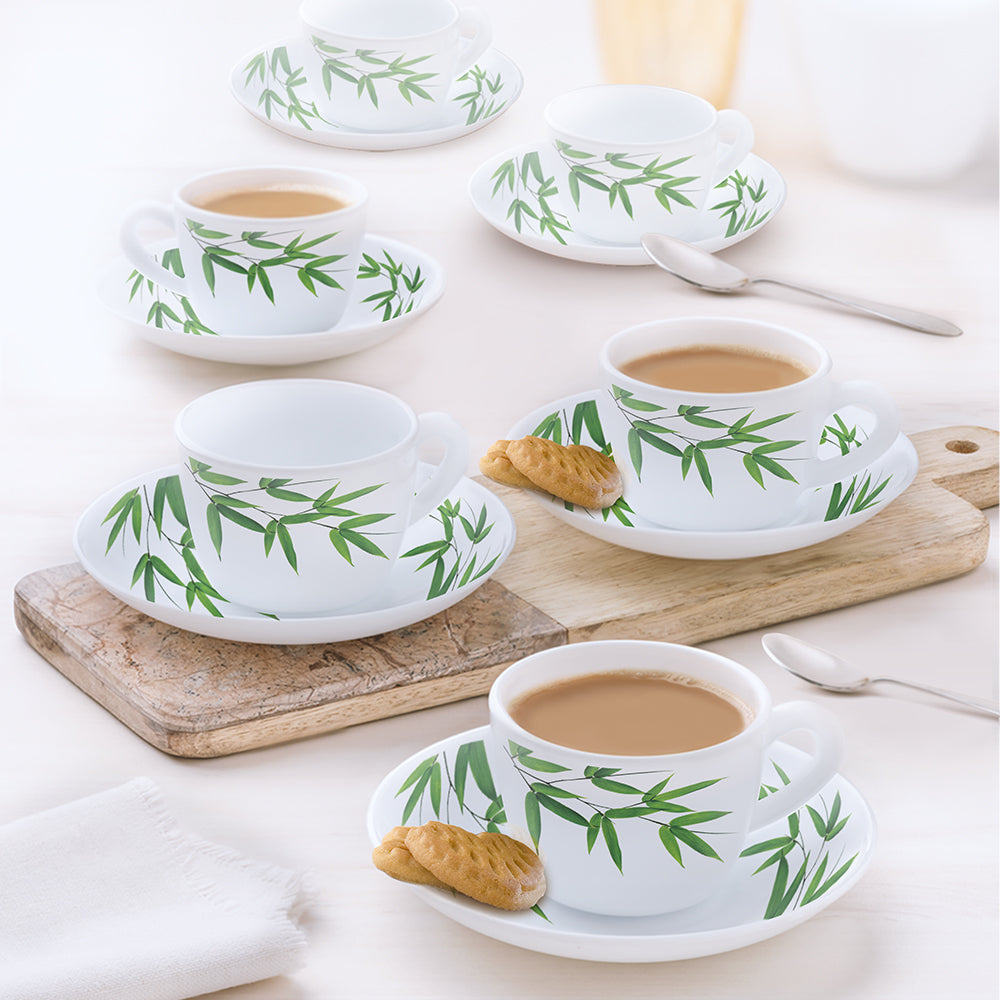 Larah by Borosil Bamboo Leaves Cup n Saucer Set 140 ml x 12