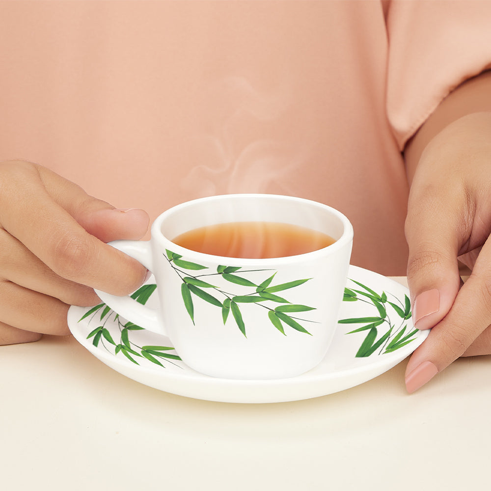 Larah by Borosil Bamboo Leaves Cup n Saucer Set 140 ml x 12