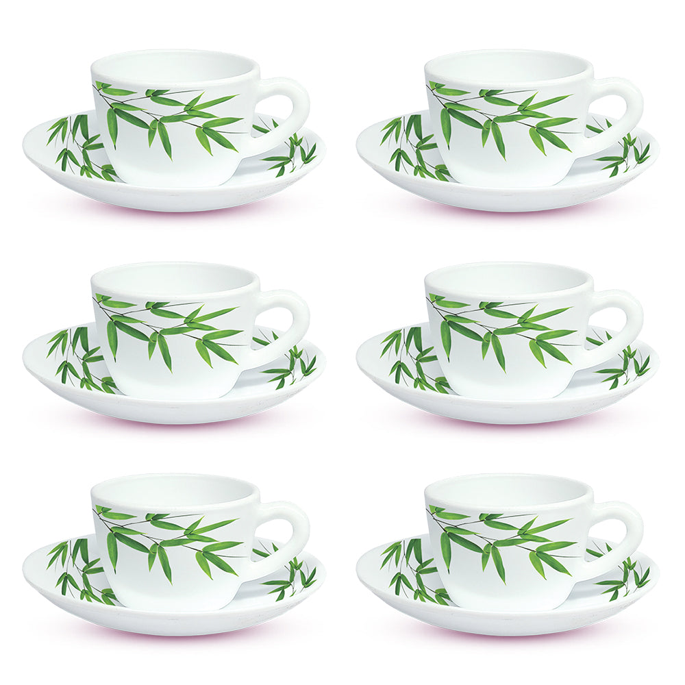 Larah by Borosil Bamboo Leaves Cup n Saucer Set 140 ml x 12