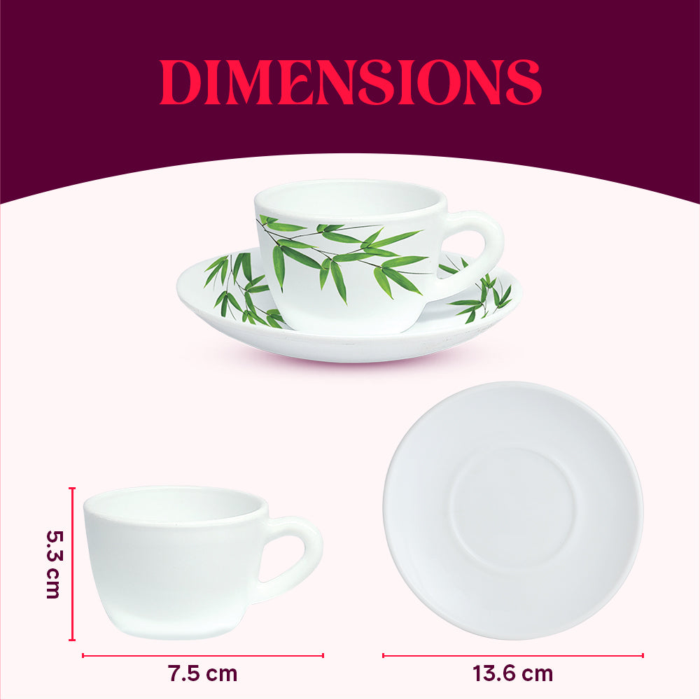 Larah by Borosil Bamboo Leaves Cup n Saucer Set 140 ml x 12