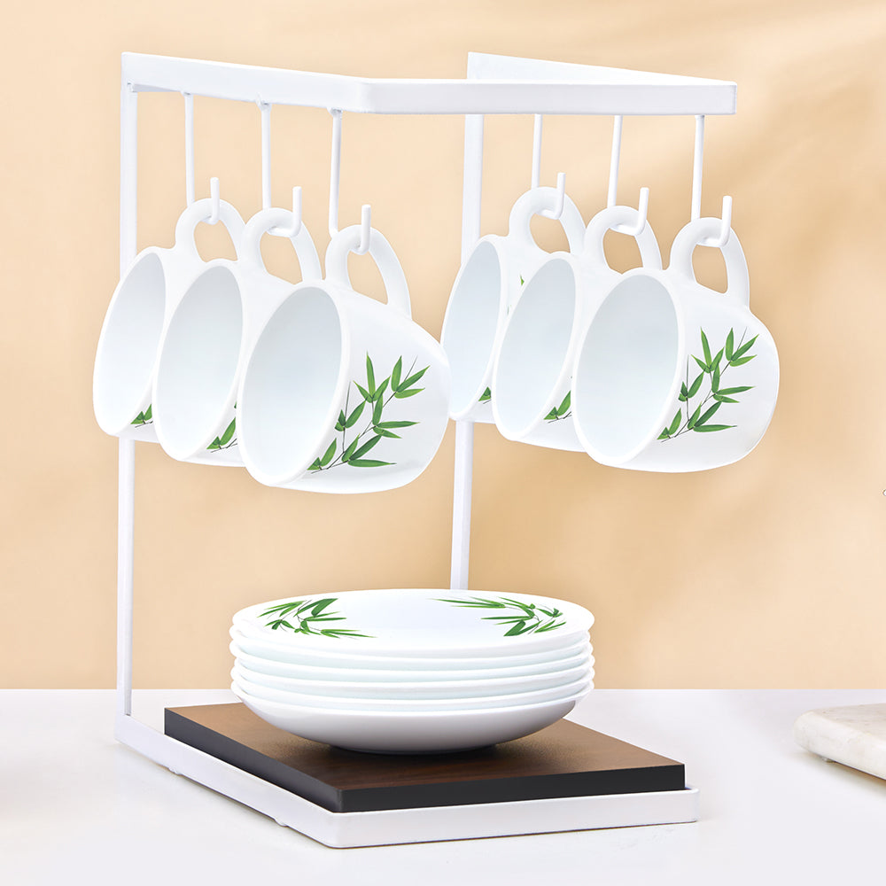 Larah by Borosil Bamboo Leaves Cup n Saucer Set 140 ml x 12