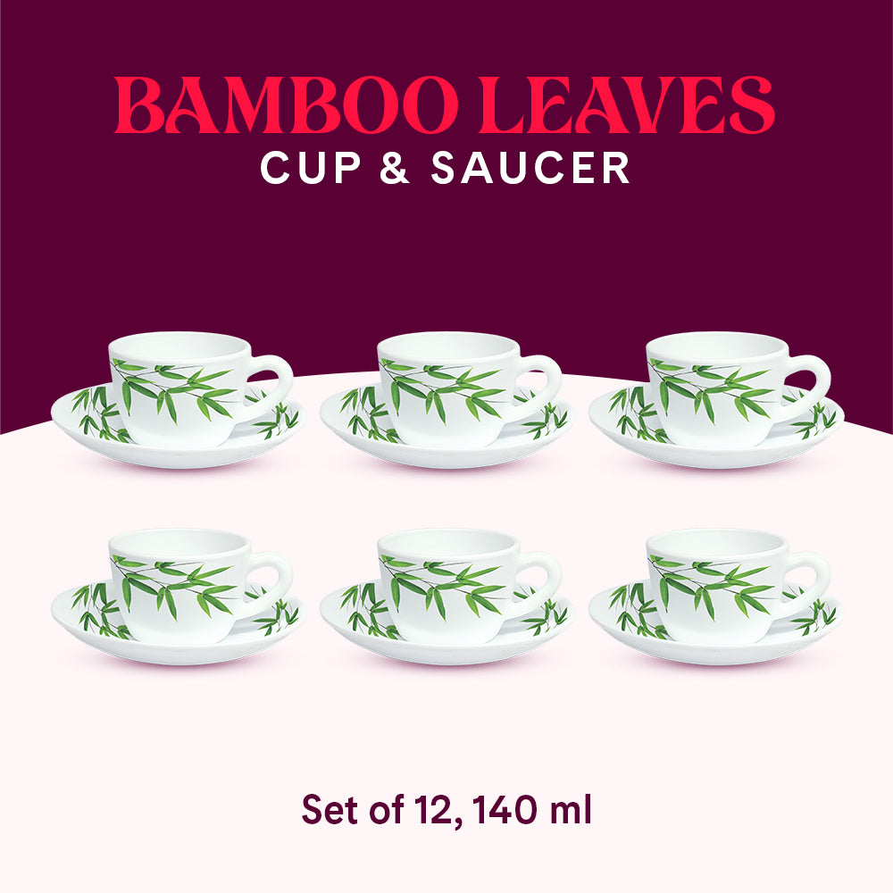Larah by Borosil Bamboo Leaves Cup n Saucer Set 140 ml x 12