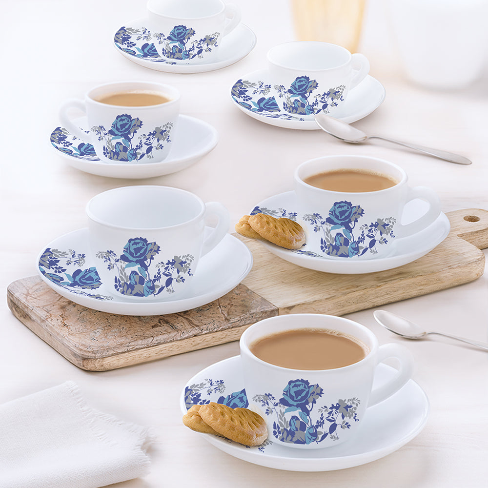 Larah by Borosil Blue Cascade Cup n Saucer Set 140 ml x 12