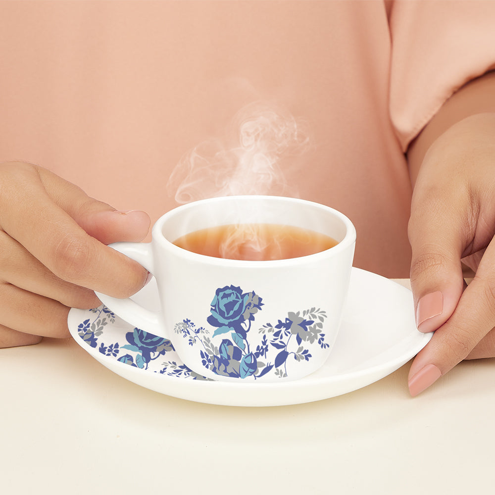 Larah by Borosil Blue Cascade Cup n Saucer Set 140 ml x 12